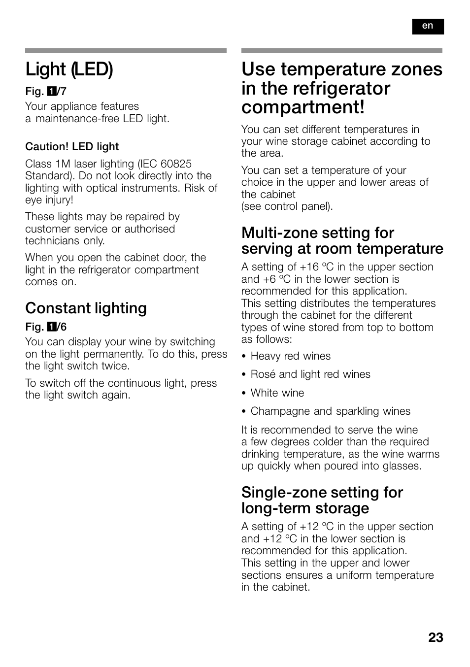 Light (led), Use temperature zones in the, Refrigerator compartment | Constant lighting, Multi-zone setting for serving at room temperature, Single-zone setting for long-term storage | Bosch KSW38940 Cave à vin de vieillissement Premium Luxe User Manual | Page 23 / 74