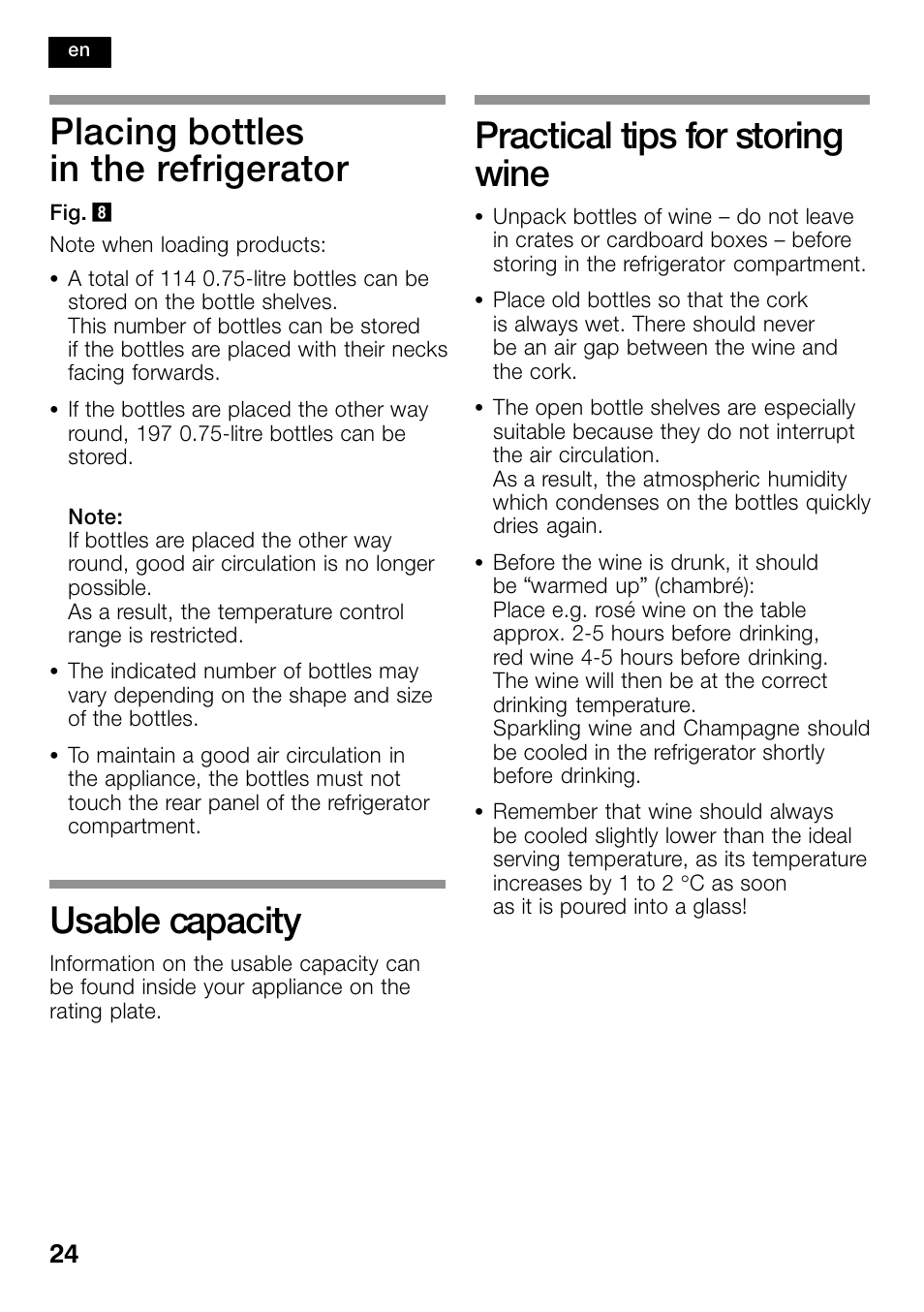 Placing bottles in the refrigerator, Usable capacity, Practical tips for storing wine | Bosch KSW38940 Cave à vin de vieillissement Premium Luxe User Manual | Page 24 / 74