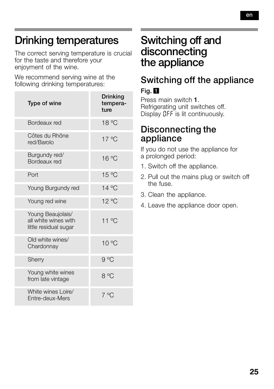 Drinking temperatures, Switching off and disconnecting, The appliance | Switching off and disconnecting the appliance, Switching off the appliance, Disconnecting the appliance | Bosch KSW38940 Cave à vin de vieillissement Premium Luxe User Manual | Page 25 / 74