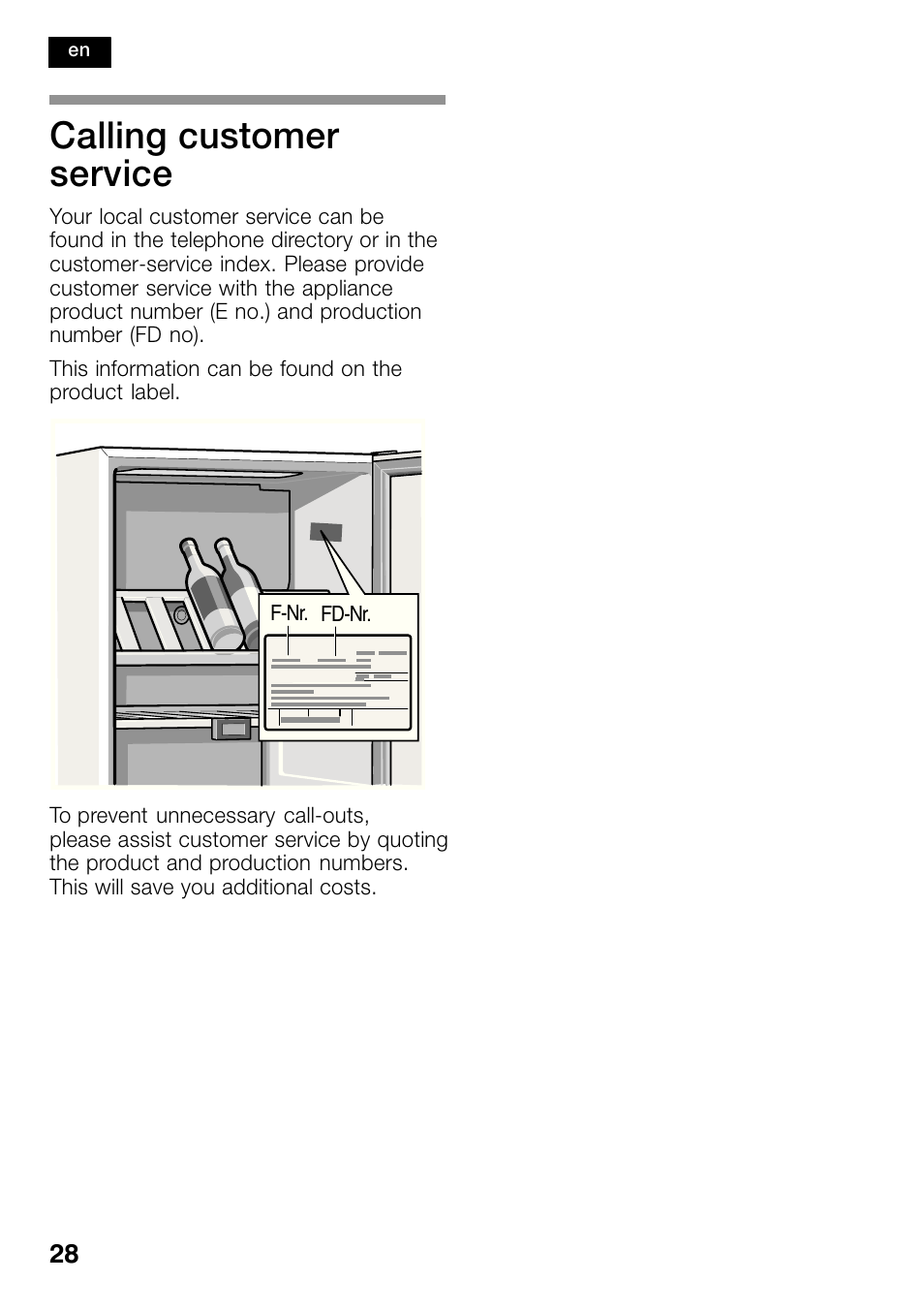Calling customer service | Bosch KSW38940 Cave à vin de vieillissement Premium Luxe User Manual | Page 28 / 74