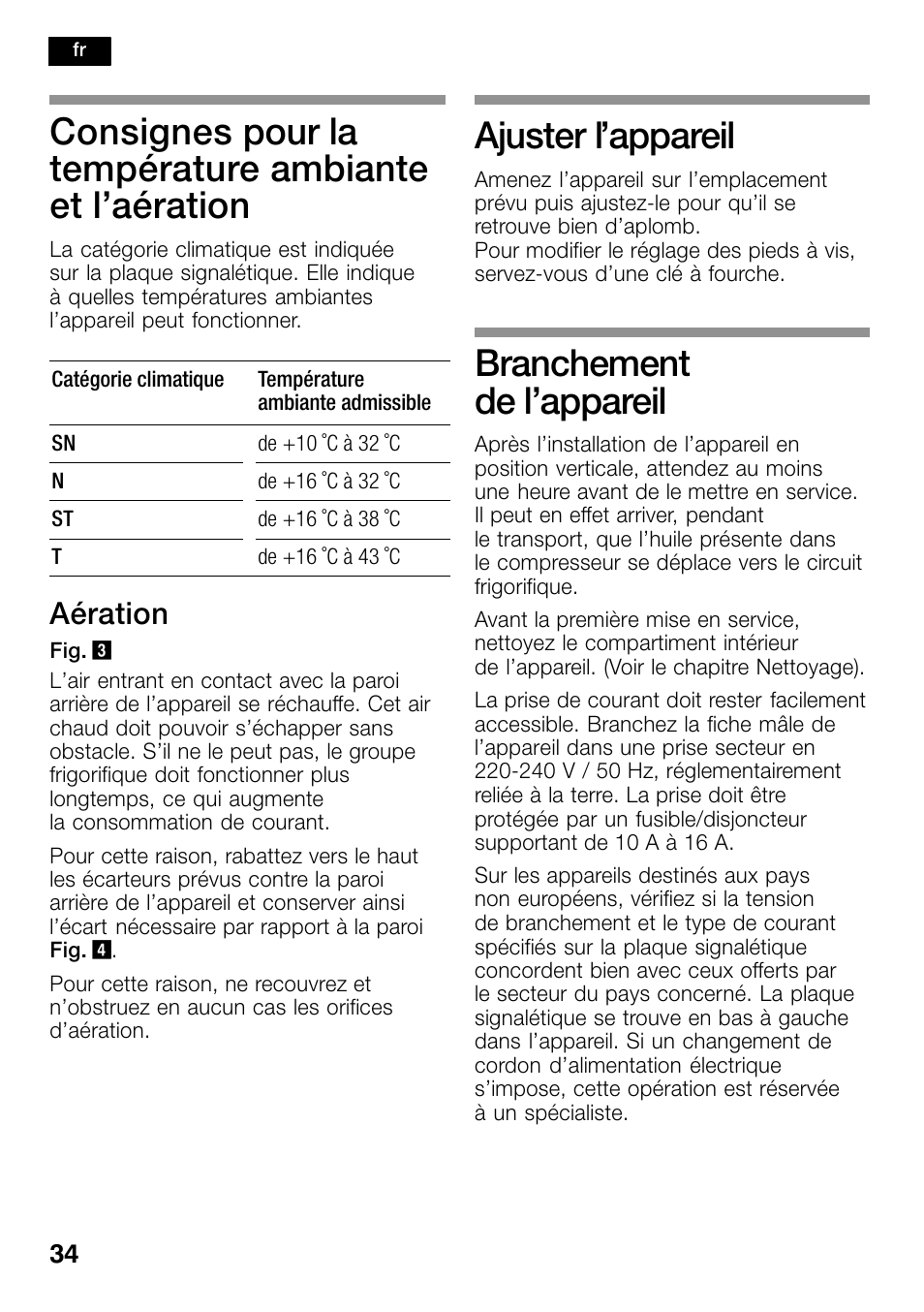 Consignes pour la température, Ambiante et l’aération, Ajuster l’appareil | Branchement de l’appareil, Aération | Bosch KSW38940 Cave à vin de vieillissement Premium Luxe User Manual | Page 34 / 74