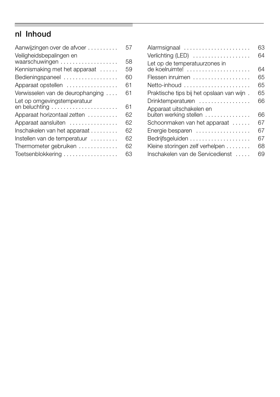 Nlнinhoud | Bosch KSW38940 Cave à vin de vieillissement Premium Luxe User Manual | Page 4 / 74