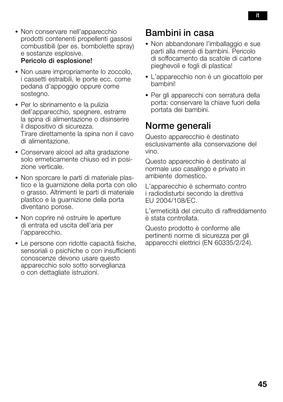 Bambini in casa, Norme generali | Bosch KSW38940 Cave à vin de vieillissement Premium Luxe User Manual | Page 45 / 74