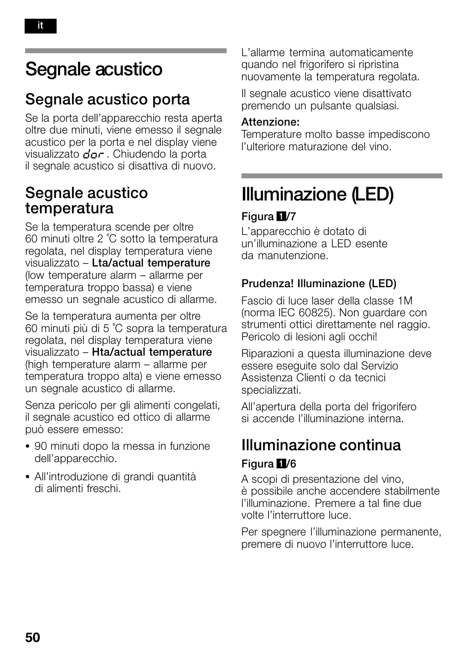 Segnale acustico, Illuminazione (led), Segnale acustico porta | Segnale acustico temperatura, Illuminazione continua | Bosch KSW38940 Cave à vin de vieillissement Premium Luxe User Manual | Page 50 / 74