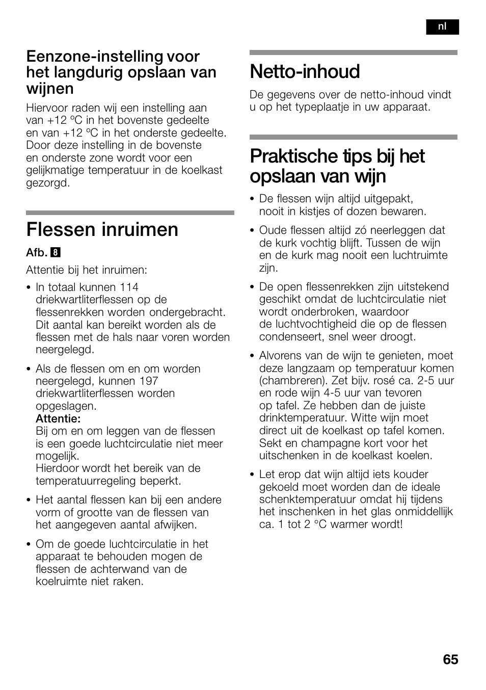 Flessen inruimen, Netto-inhoud, Praktische tips bij het opslaan van wijn | Bosch KSW38940 Cave à vin de vieillissement Premium Luxe User Manual | Page 65 / 74
