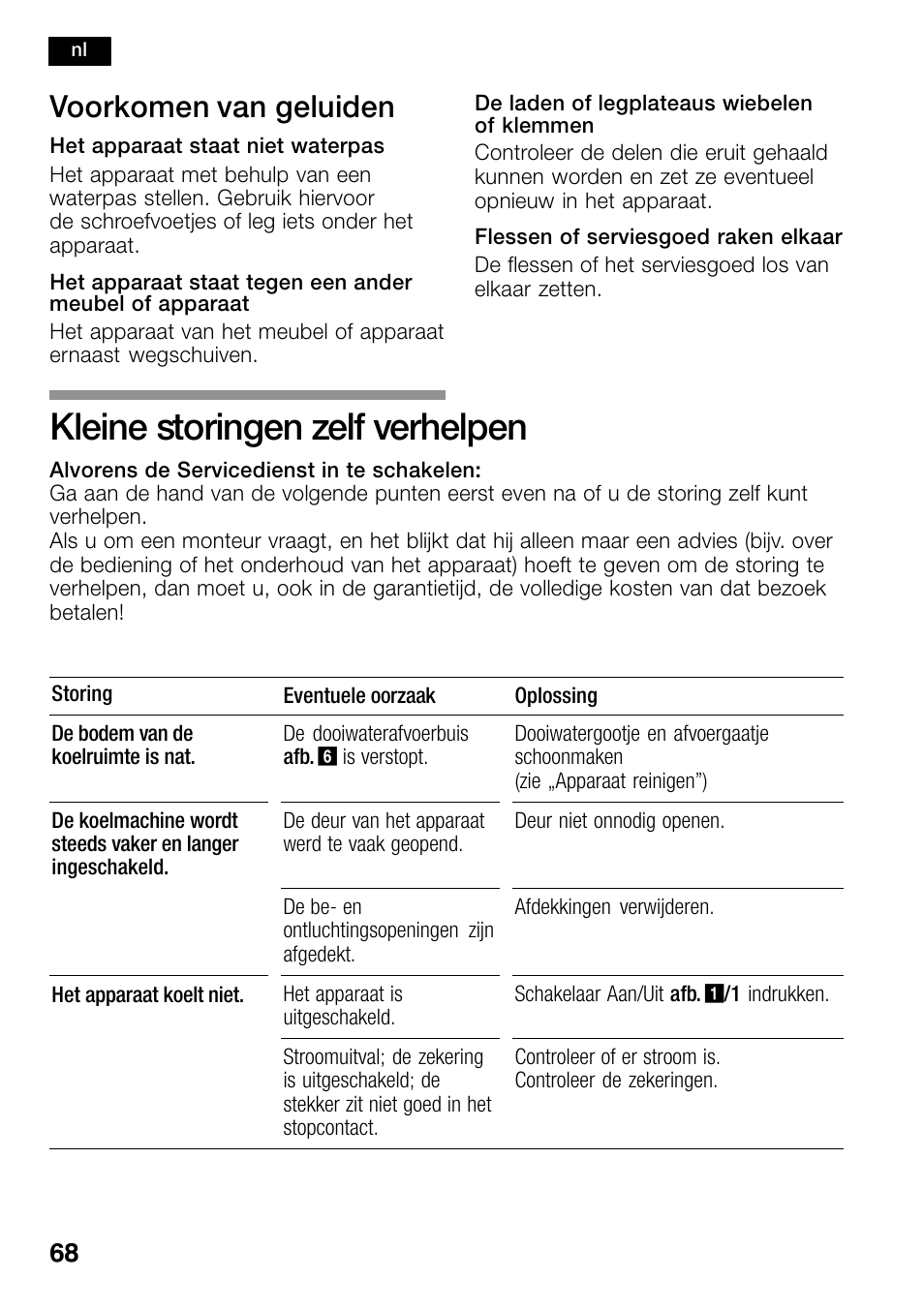 Kleine storingen zelf verhelpen, Voorkomen van geluiden | Bosch KSW38940 Cave à vin de vieillissement Premium Luxe User Manual | Page 68 / 74