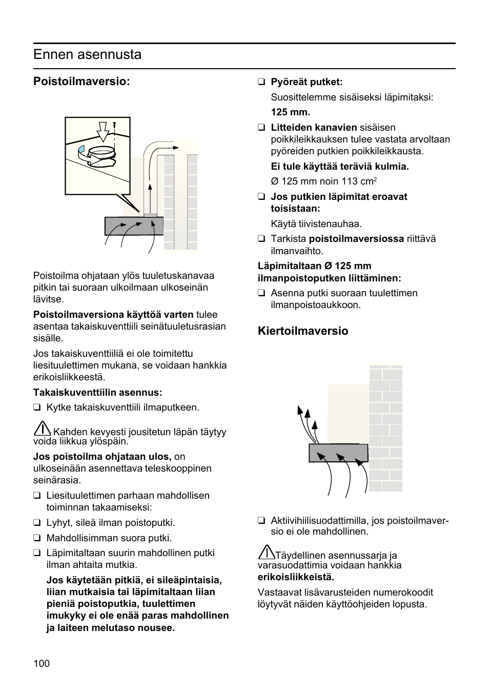 Ennen asennusta | Bosch DHU625M - inox Hotte classique 60 cm User Manual | Page 100 / 114