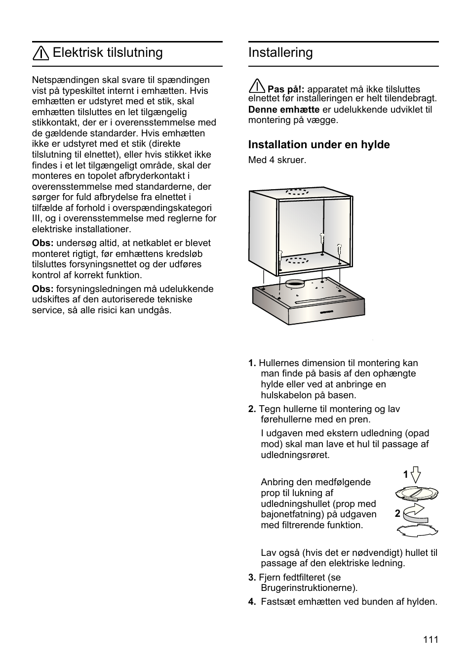 Elektrisk tilslutning, Installering | Bosch DHU625M - inox Hotte classique 60 cm User Manual | Page 111 / 114