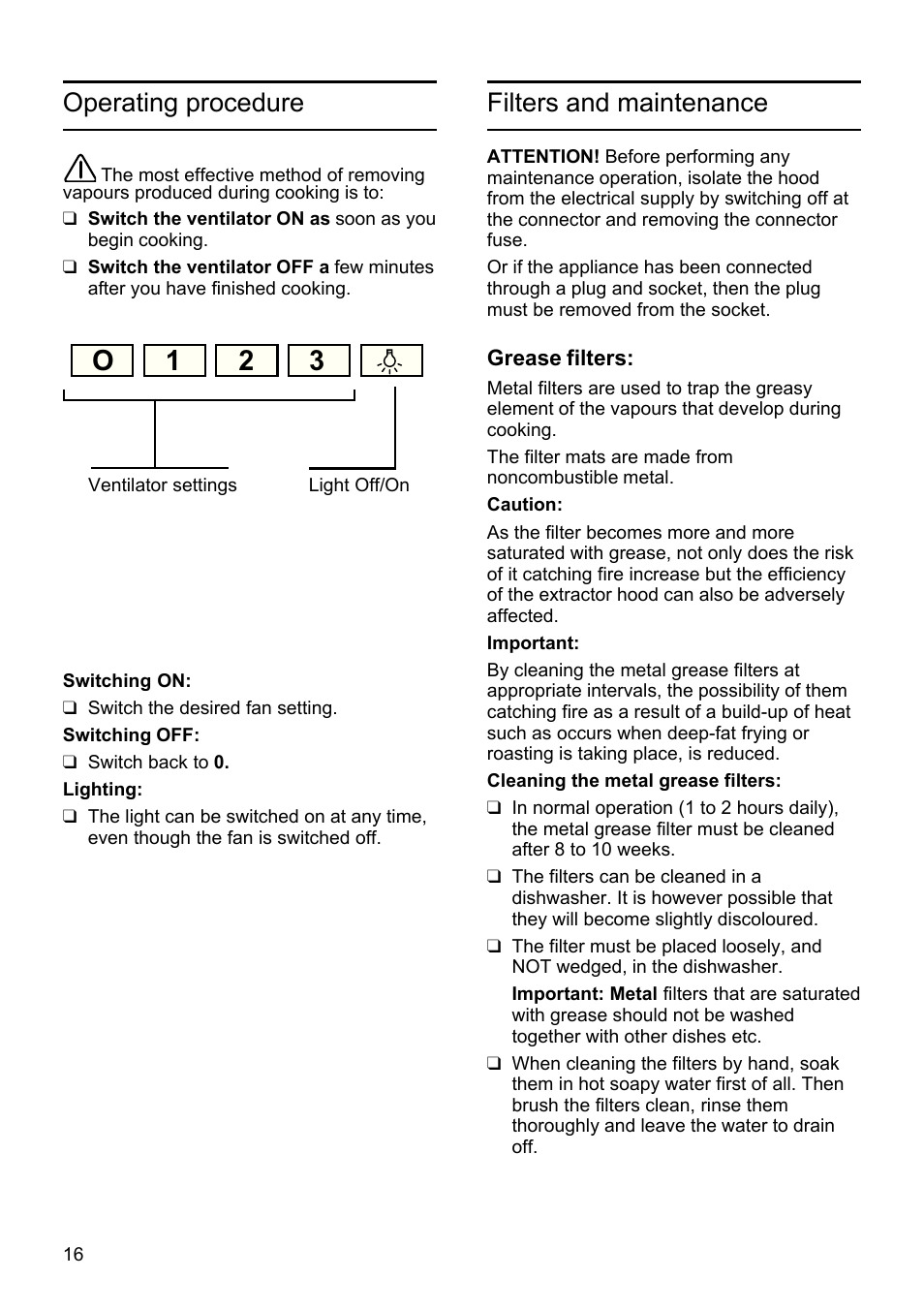 O1 2 3, Operating procedure, Filters and maintenance | Bosch DHU625M - inox Hotte classique 60 cm User Manual | Page 16 / 114