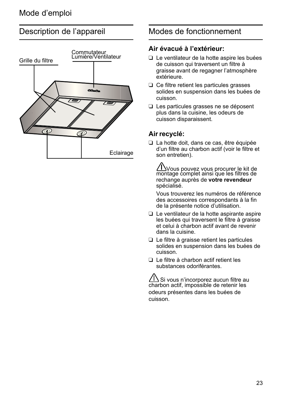 Mode d’emploi modes de fonctionnement, Description de l’appareil | Bosch DHU625M - inox Hotte classique 60 cm User Manual | Page 23 / 114