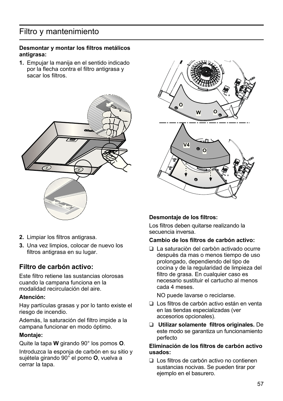 Filtro y mantenimiento | Bosch DHU625M - inox Hotte classique 60 cm User Manual | Page 57 / 114