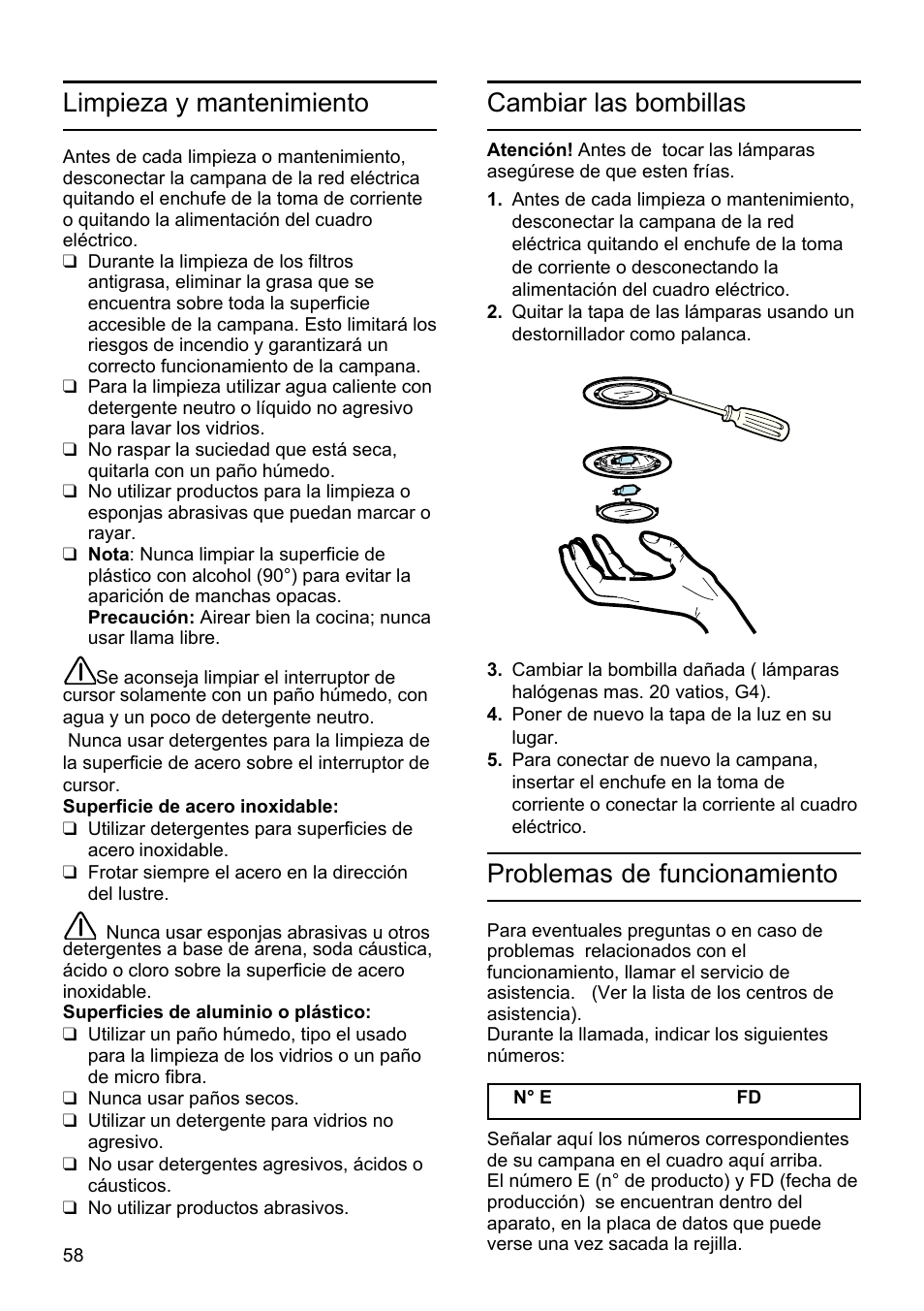 Limpieza y mantenimiento, Cambiar las bombillas, Problemas de funcionamiento | Bosch DHU625M - inox Hotte classique 60 cm User Manual | Page 58 / 114