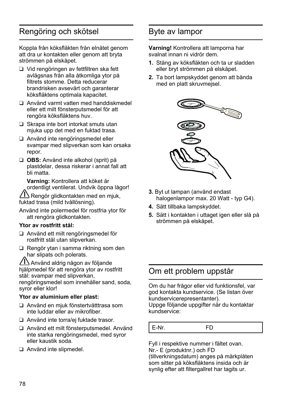 Rengöring och skötsel, Byte av lampor, Om ett problem uppstår | Bosch DHU625M - inox Hotte classique 60 cm User Manual | Page 78 / 114