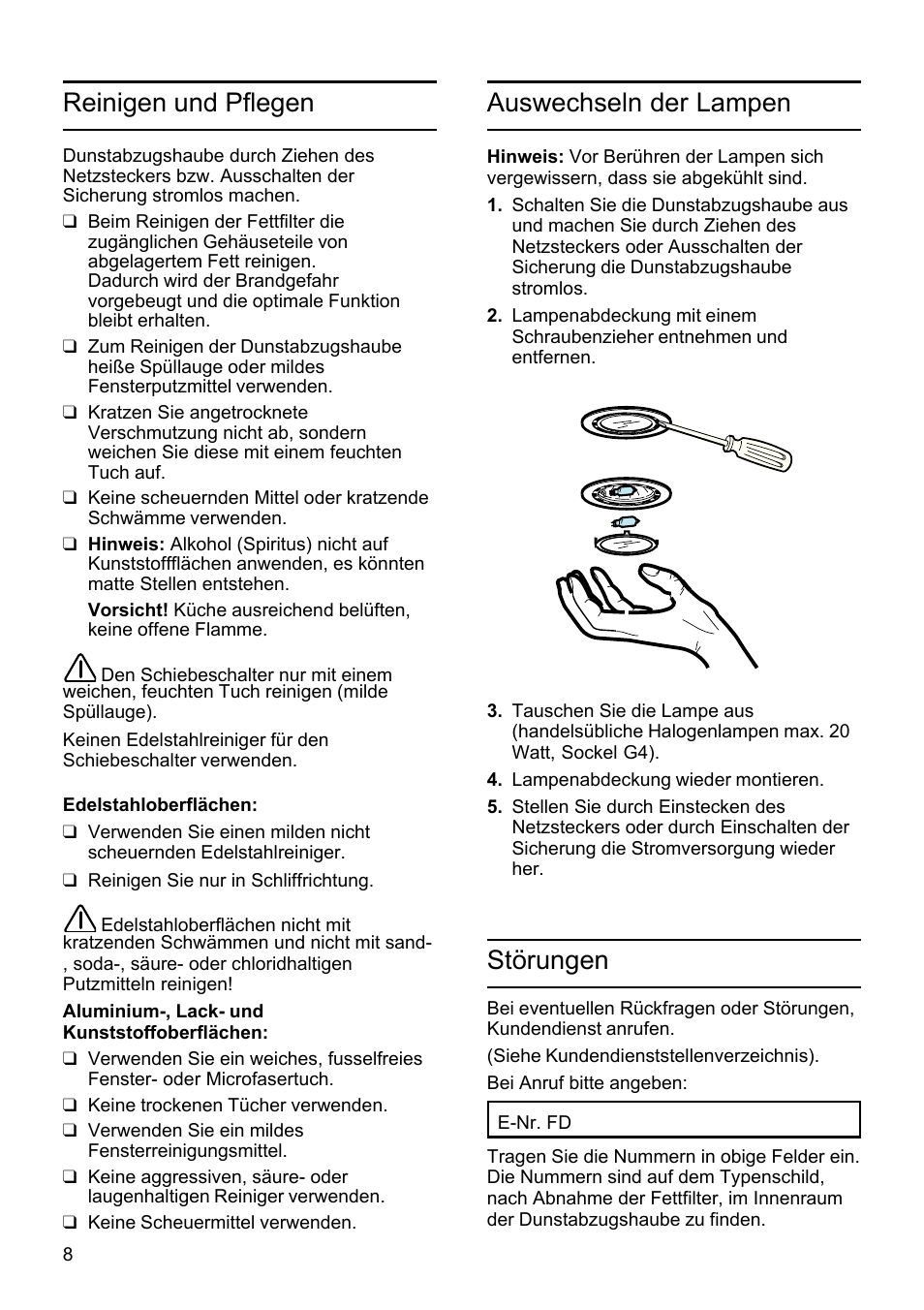 Reinigen und pflegen, Auswechseln der lampen, Störungen | Bosch DHU625M - inox Hotte classique 60 cm User Manual | Page 8 / 114