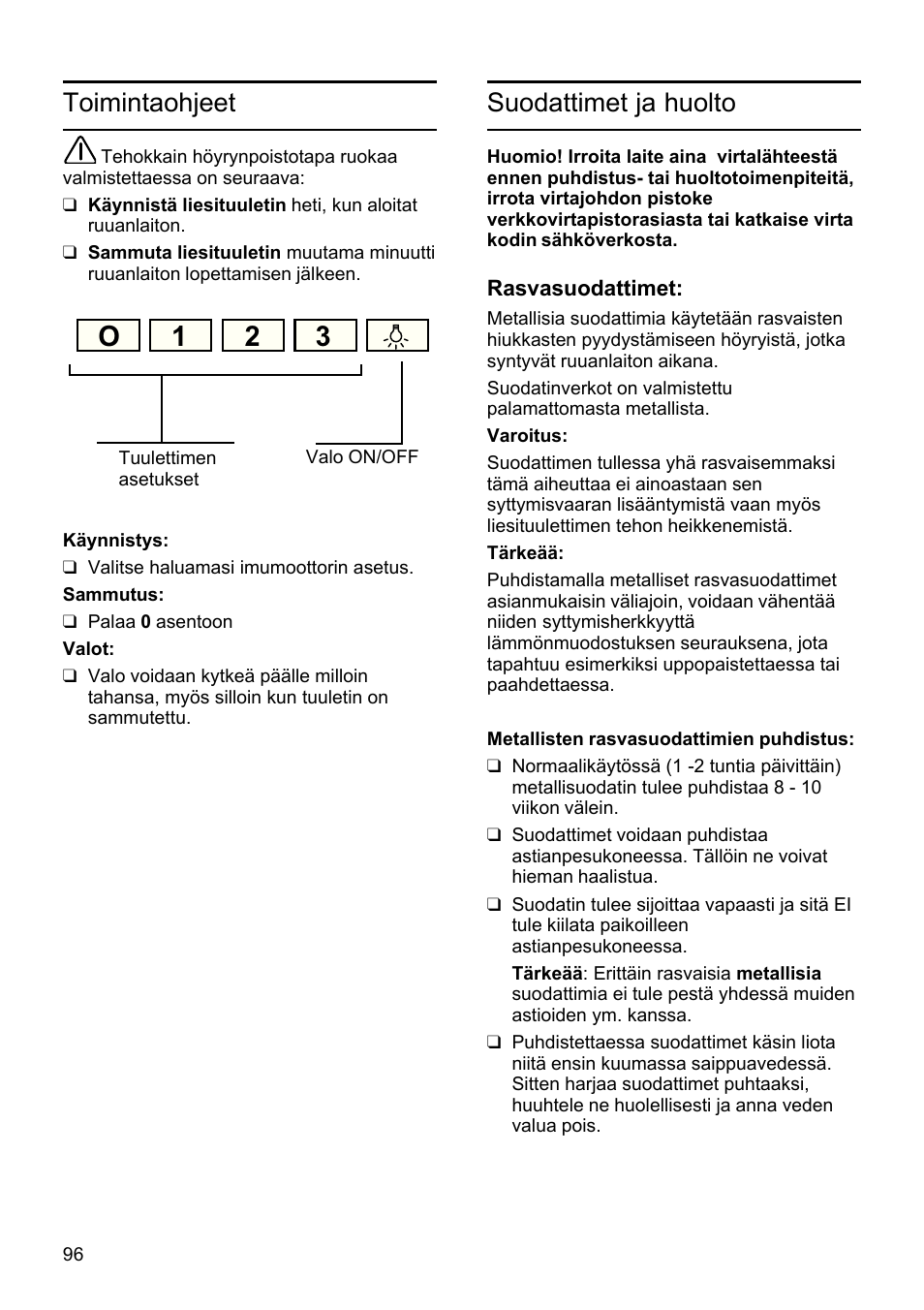 O1 2 3, Toimintaohjeet, Suodattimet ja huolto | Bosch DHU625M - inox Hotte classique 60 cm User Manual | Page 96 / 114