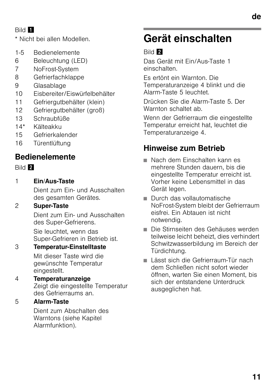 Bedienelemente, Gerät einschalten, Hinweise zum betrieb | De 11 | Bosch GSN33VW30 User Manual | Page 11 / 96