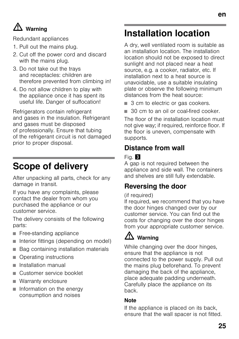 Scope of delivery, Installation location, Distance from wall | Reversing the door, Scope of delivery installation location, En 25 | Bosch GSN33VW30 User Manual | Page 25 / 96