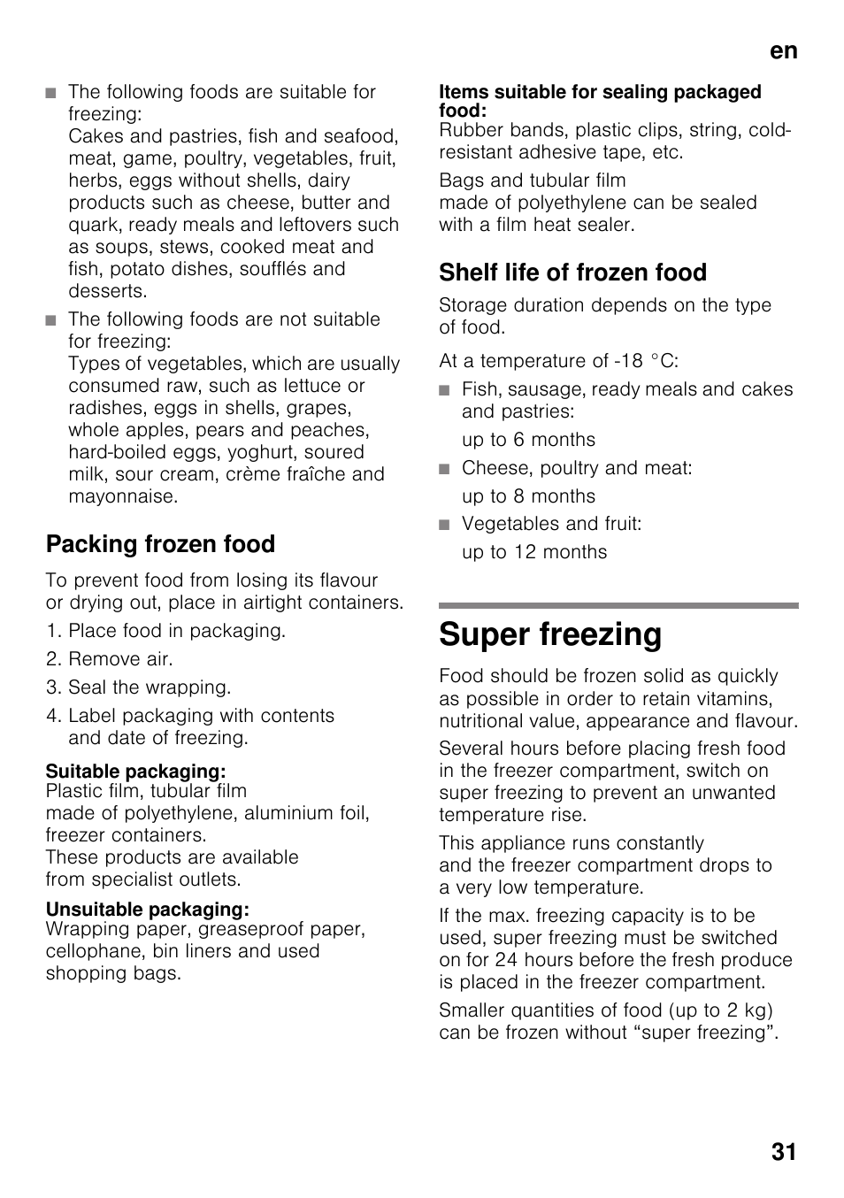 Packing frozen food, Suitable packaging, Unsuitable packaging | Items suitable for sealing packaged food, Shelf life of frozen food, Super freezing, En 31 | Bosch GSN33VW30 User Manual | Page 31 / 96