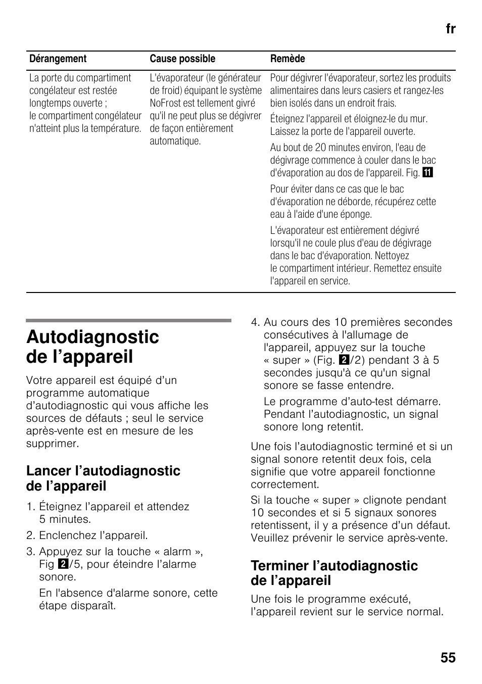 Autodiagnostic de l’appareil, Lancer l’autodiagnostic de l’appareil, Terminer l’autodiagnostic de l’appareil | Fr 55 | Bosch GSN33VW30 User Manual | Page 55 / 96