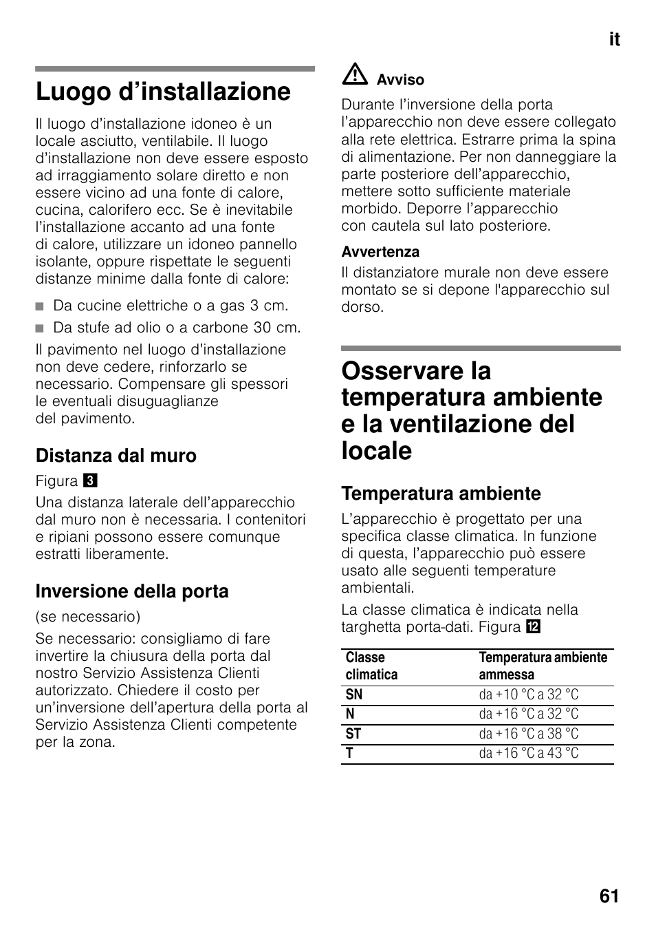 Luogo d’installazione, Distanza dal muro, Inversione della porta | Temperatura ambiente, E la ventilazione del locale, It 61 | Bosch GSN33VW30 User Manual | Page 61 / 96