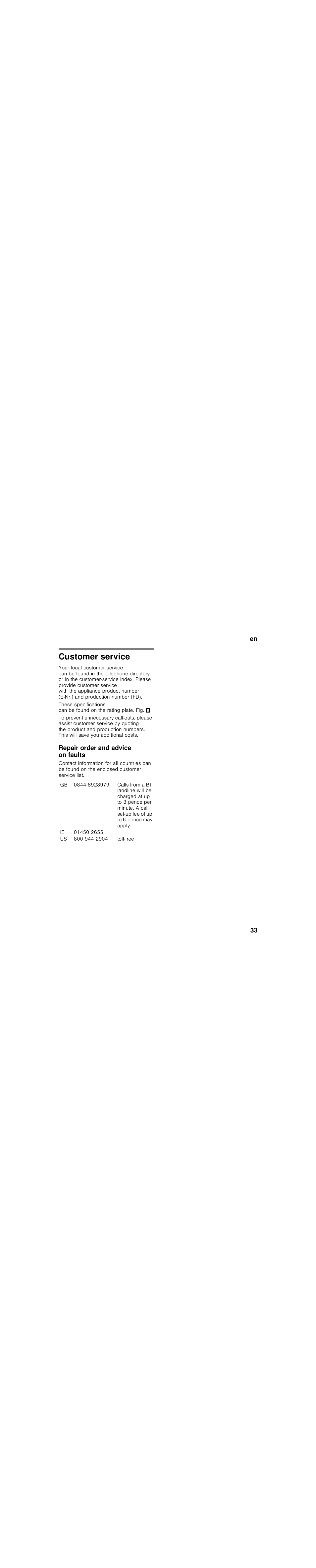 Customer service, Repair order and advice on faults, Toll-free | Bosch KIL18V20FF Réfrigérateur intégrable Confort Fixation de porte par glissières User Manual | Page 33 / 85