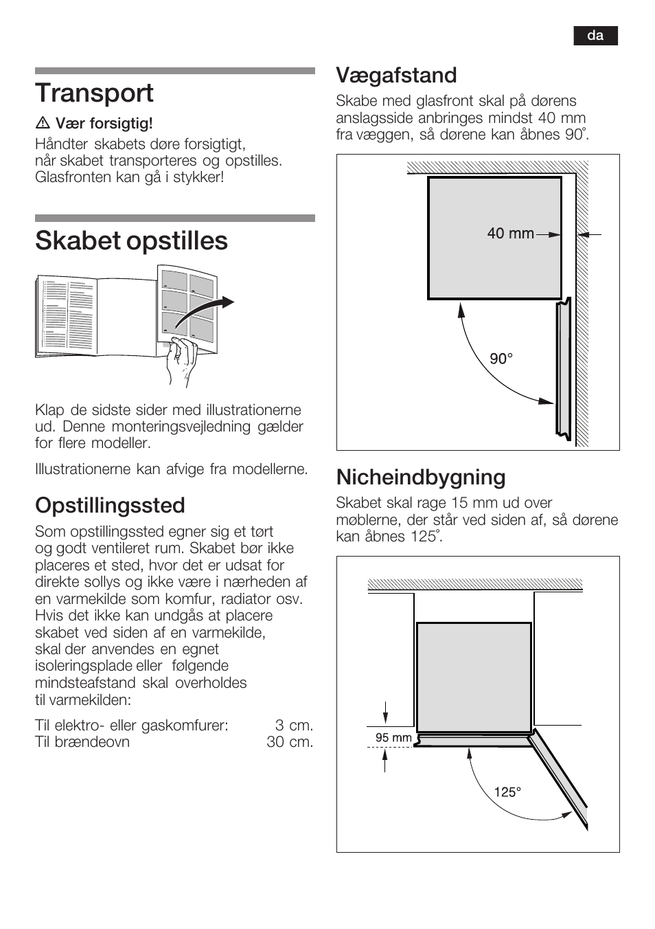 Transport, Skabet opstilles, Opstillingssted | Vægafstand, Nicheindbygning | Bosch KGN36SM30 Réfrigérateur-congélateur combiné Premium Luxe User Manual | Page 15 / 40