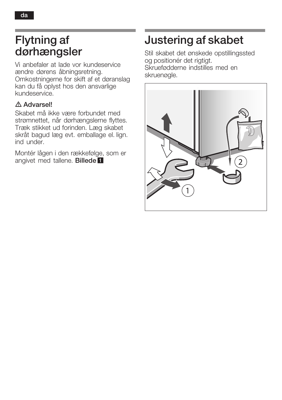 Flytning af dørhængsler, Justering af skabet | Bosch KGN36SM30 Réfrigérateur-congélateur combiné Premium Luxe User Manual | Page 16 / 40