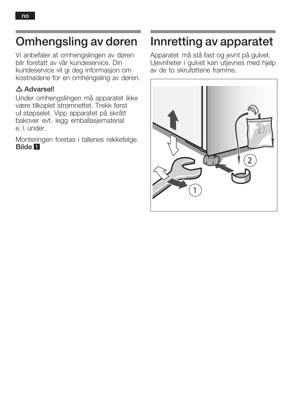 Omhengsling av døren, Innretting av apparatet | Bosch KGN36SM30 Réfrigérateur-congélateur combiné Premium Luxe User Manual | Page 18 / 40