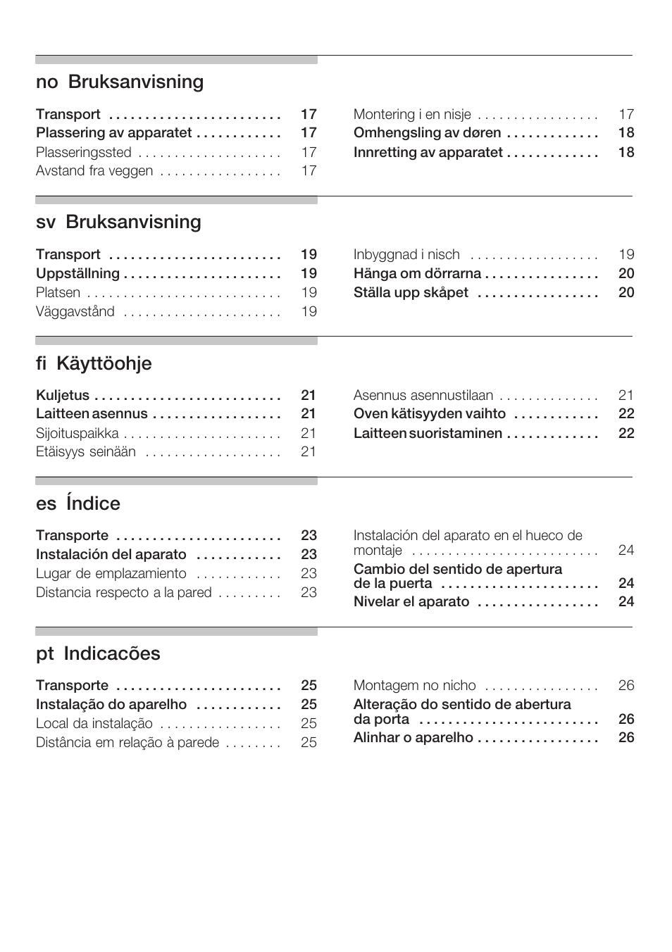 Noąbruksanvisning, Svąbruksanvisning, Fiąkäyttöohje | Esąíndice, Ptąindicacões | Bosch KGN36SM30 Réfrigérateur-congélateur combiné Premium Luxe User Manual | Page 3 / 40