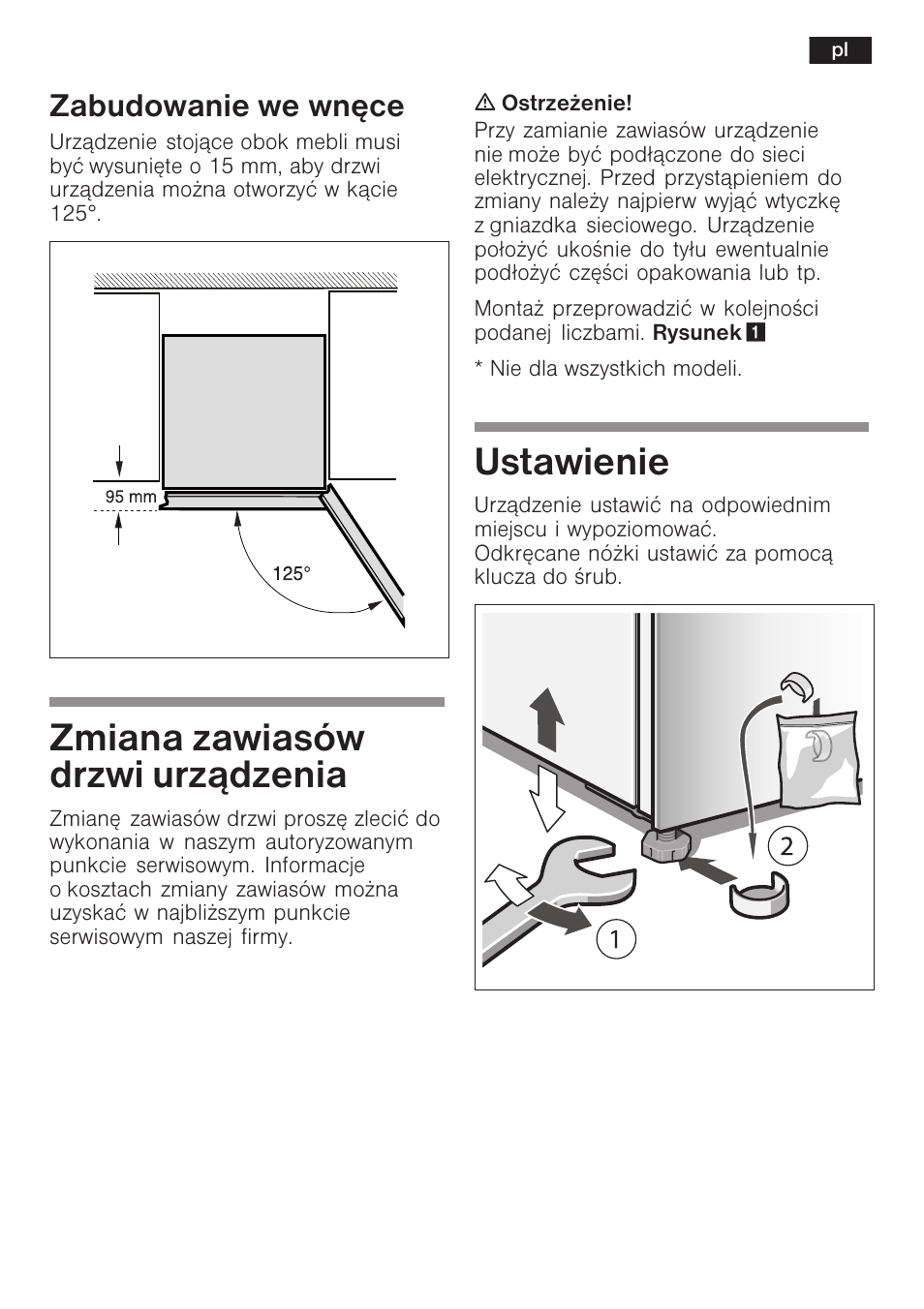 Zmiana zawiasów drzwi urz¹dzenia, Ustawienie, Zabudowanie we wnêce | Bosch KGN36SM30 Réfrigérateur-congélateur combiné Premium Luxe User Manual | Page 35 / 40