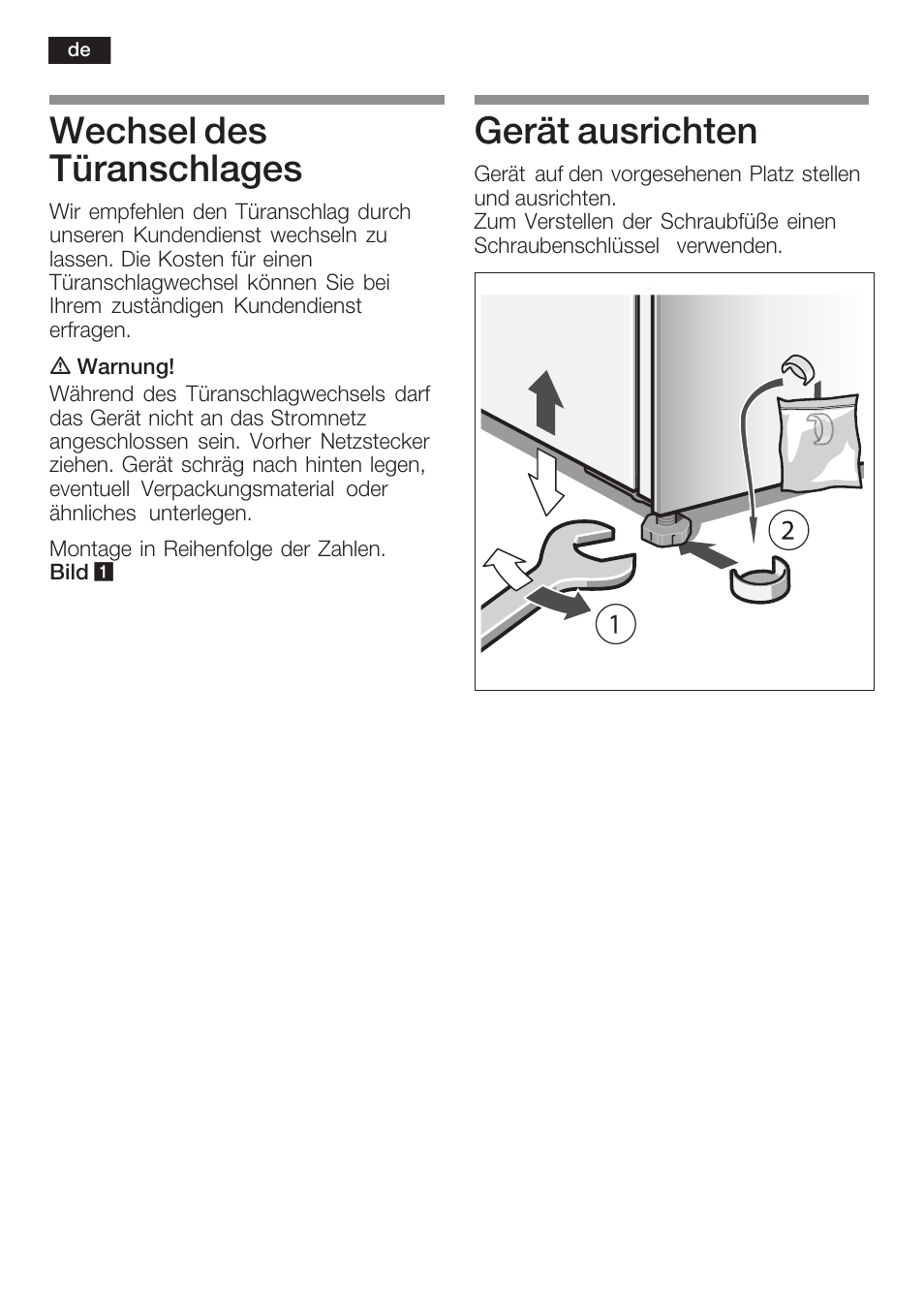 Wechsel des türanschlages, Gerät ausrichten | Bosch KGN36SM30 Réfrigérateur-congélateur combiné Premium Luxe User Manual | Page 6 / 40