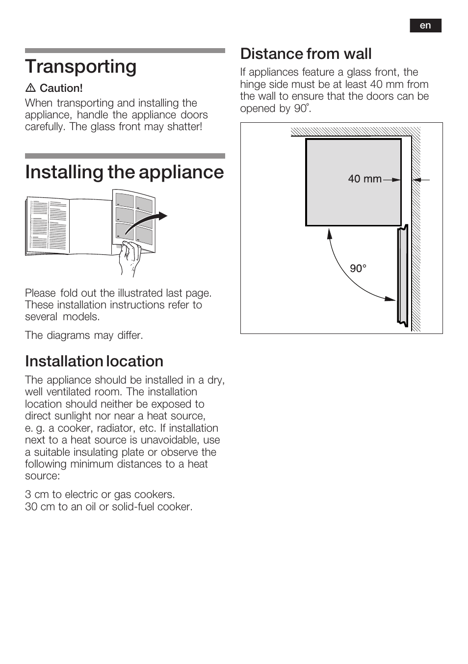 Transporting, Installing the appliance, Installation location | Distance from wall | Bosch KGN36SM30 Réfrigérateur-congélateur combiné Premium Luxe User Manual | Page 7 / 40
