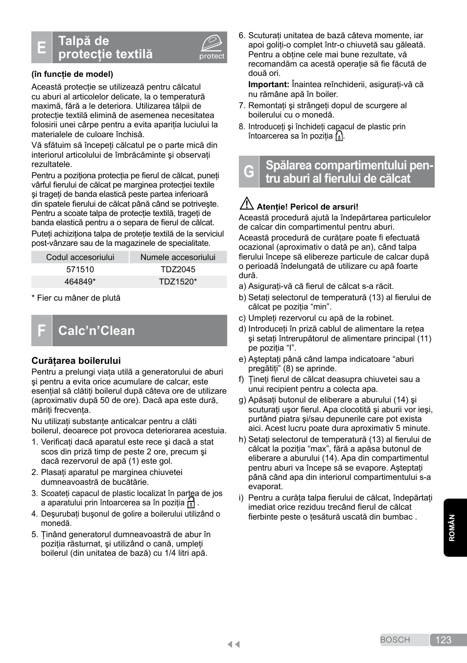 E talpă de protecţie textilă, Talpă de protecţie textilă, Calc’n’clean | Bosch TDS2011 User Manual | Page 123 / 136