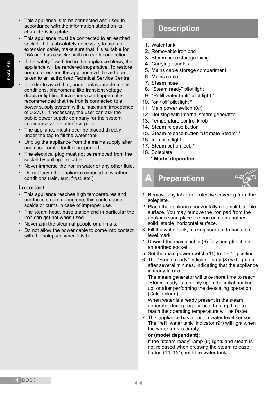 A preparations, Description, Preparations | Bosch TDS2011 User Manual | Page 14 / 136