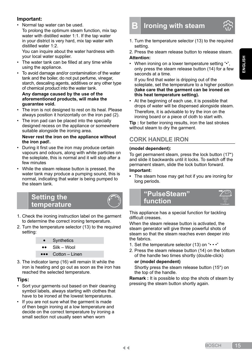 Setting the temperature, B ironing with steam, Pulsesteam” function | Ironing with steam, Cork handle iron | Bosch TDS2011 User Manual | Page 15 / 136