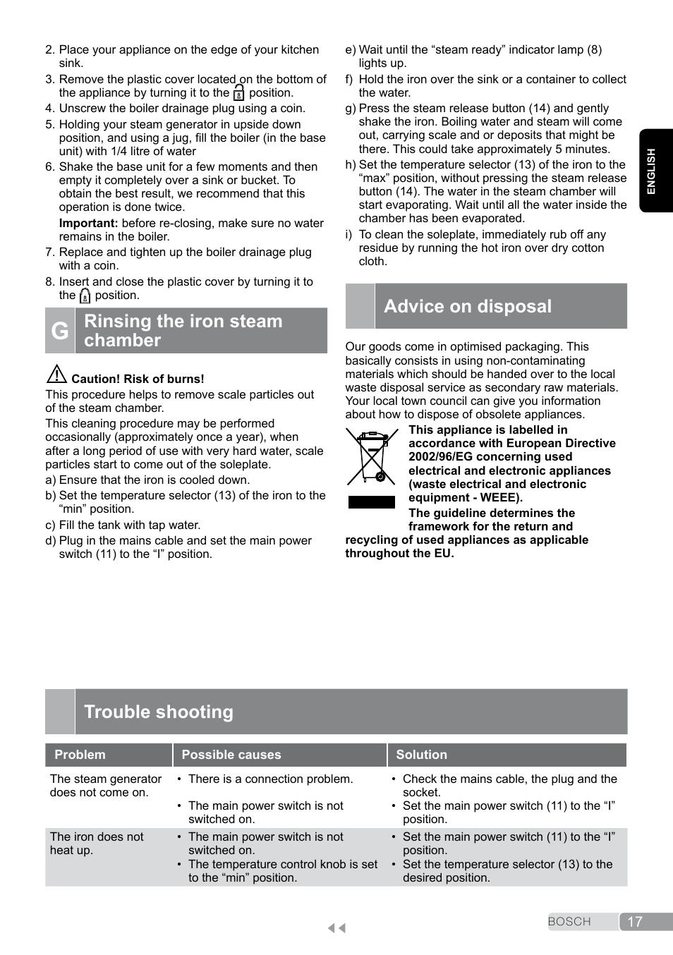 G rinsing the iron steam chamber, Advice on disposal, Trouble shooting | Rinsing the iron steam chamber | Bosch TDS2011 User Manual | Page 17 / 136