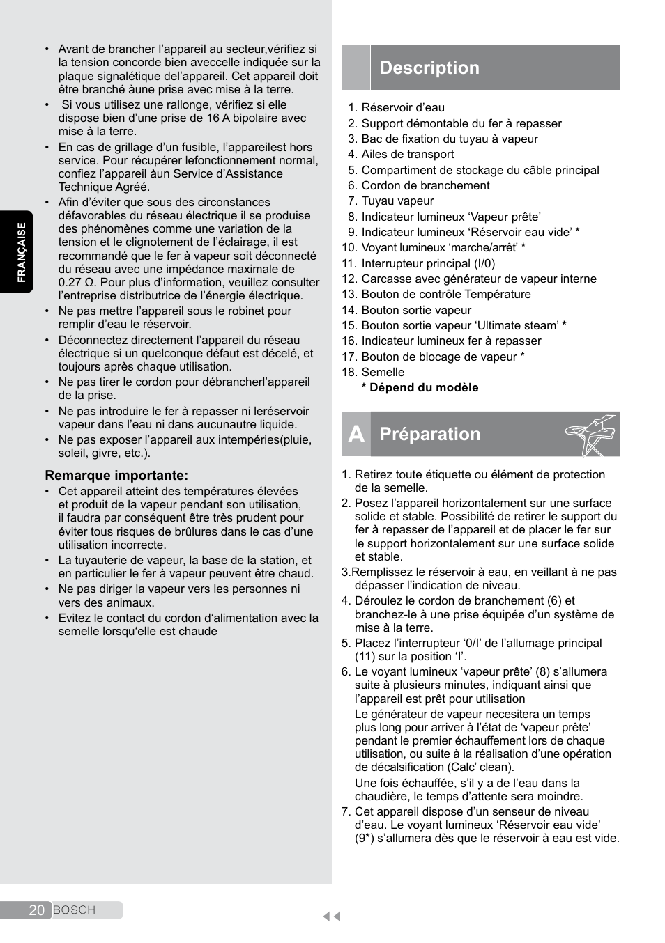 Description, A préparation, Préparation | Bosch TDS2011 User Manual | Page 20 / 136