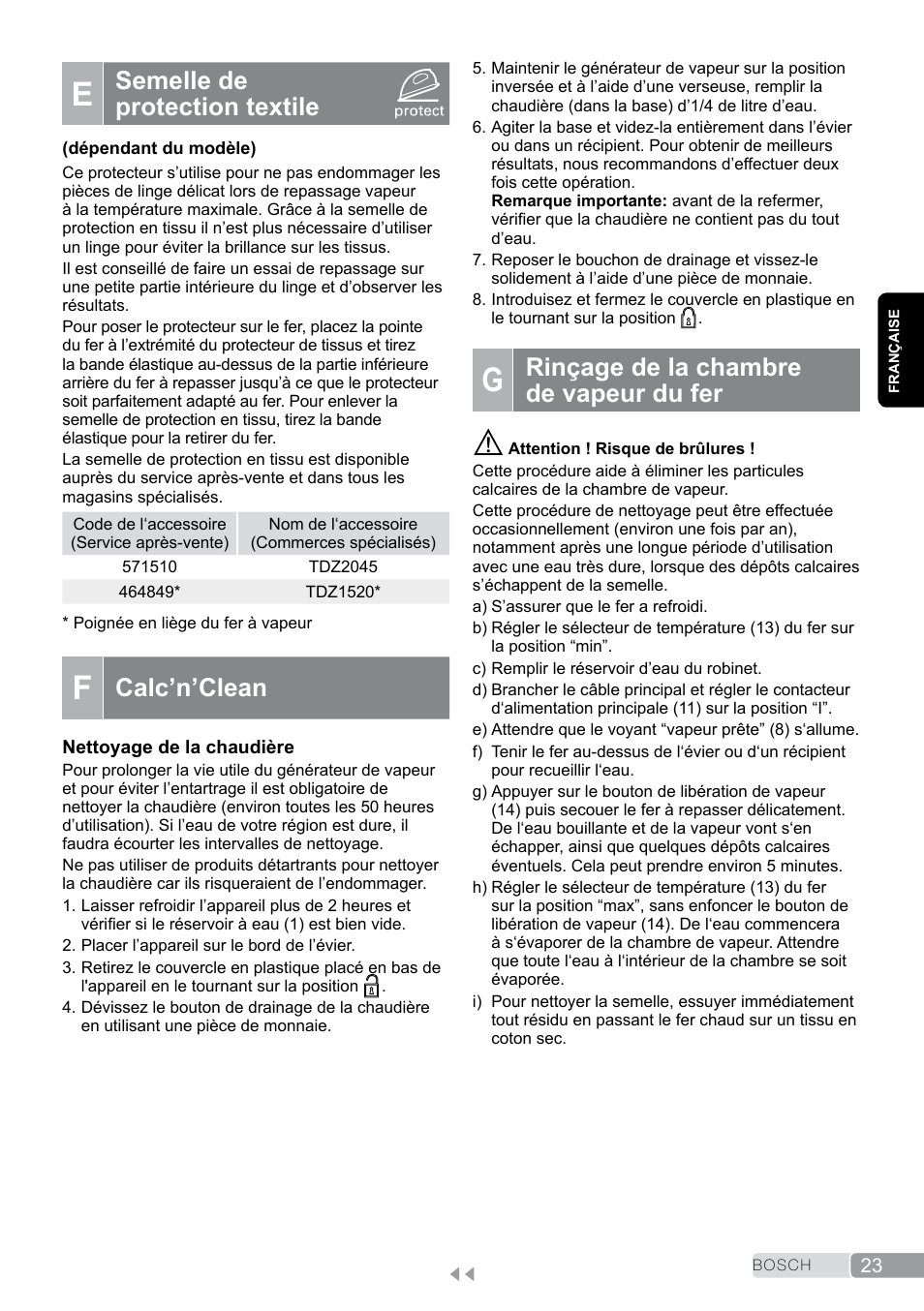 E semelle de protection textile, Rinçage de la chambre de vapeur du fer, Semelle de protection textile | Calc’n’clean | Bosch TDS2011 User Manual | Page 23 / 136