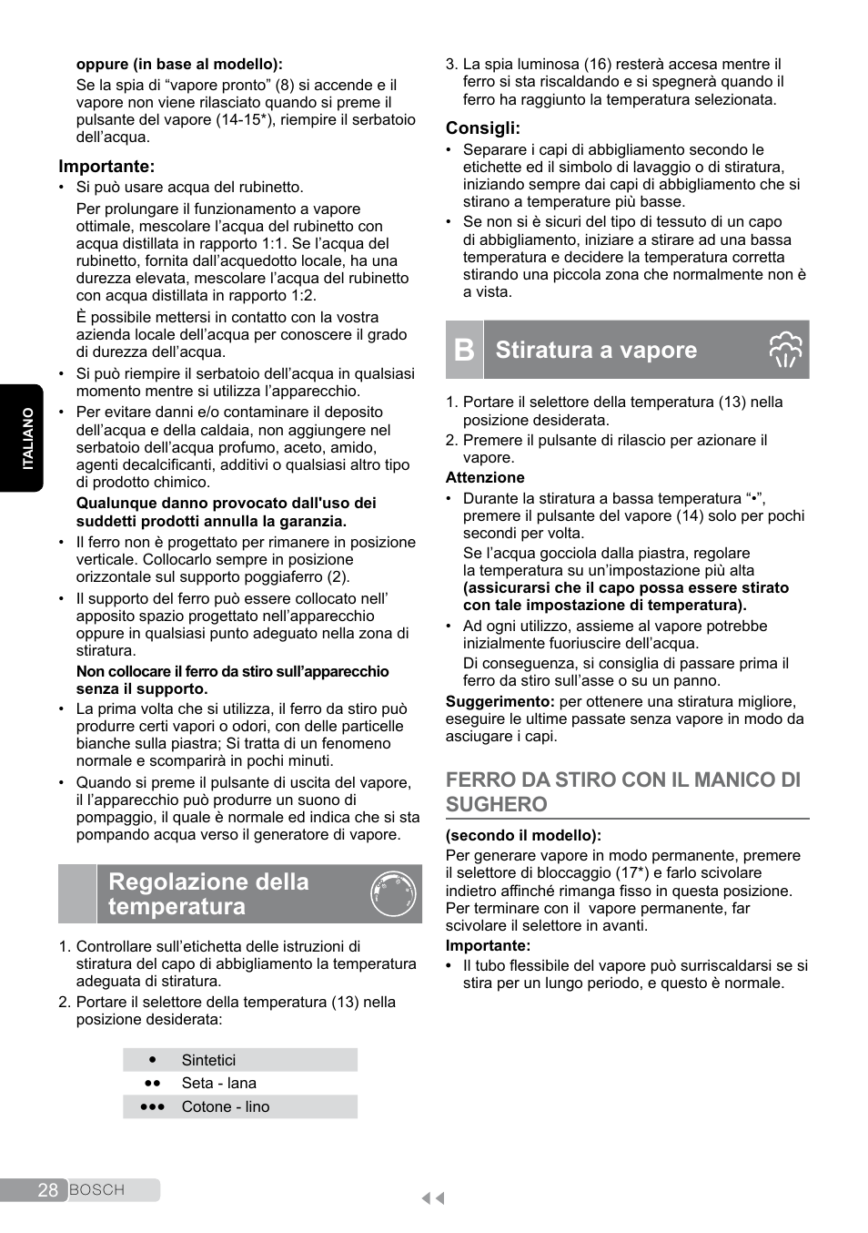 Regolazione della temperatura, B stiratura a vapore, Stiratura a vapore | Ferro da stiro con il manico di sughero | Bosch TDS2011 User Manual | Page 28 / 136