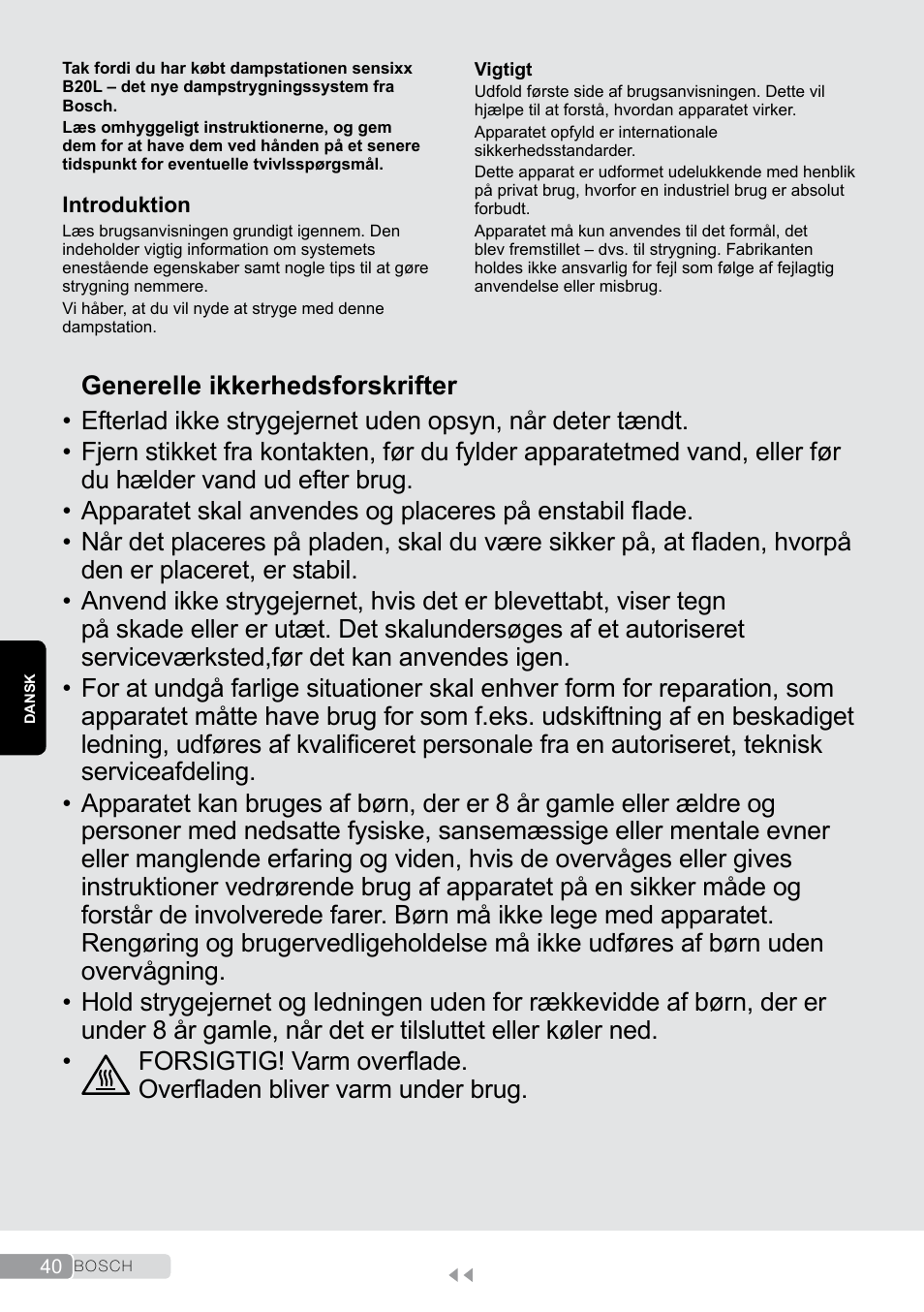 Dansk, Generelle ikkerhedsforskrifter | Bosch TDS2011 User Manual | Page 40 / 136