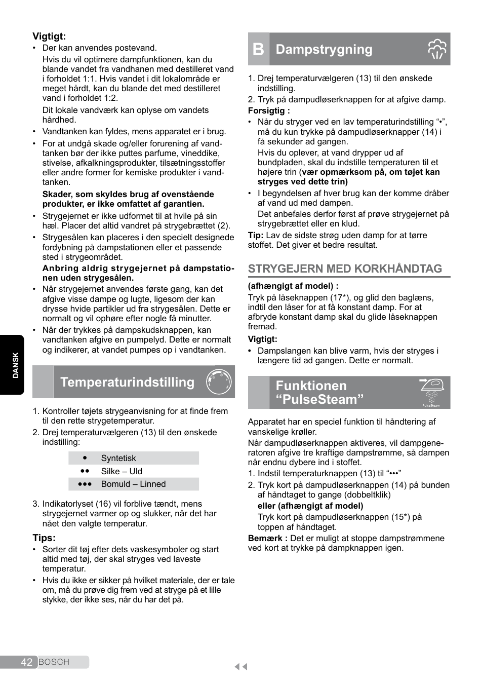 Temperaturindstilling, B dampstrygning, Funktionen “pulsesteam | Dampstrygning, Strygejern med korkhåndtag | Bosch TDS2011 User Manual | Page 42 / 136