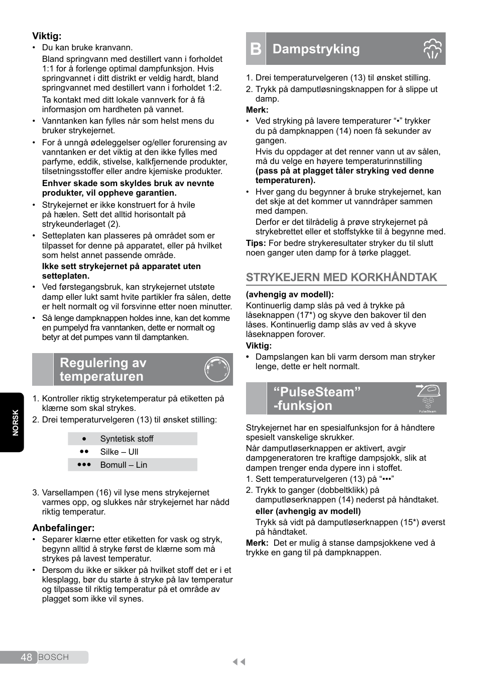 Regulering av temperaturen, B dampstryking, Pulsesteam” -funksjon | Dampstryking, Strykejern med korkhåndtak | Bosch TDS2011 User Manual | Page 48 / 136