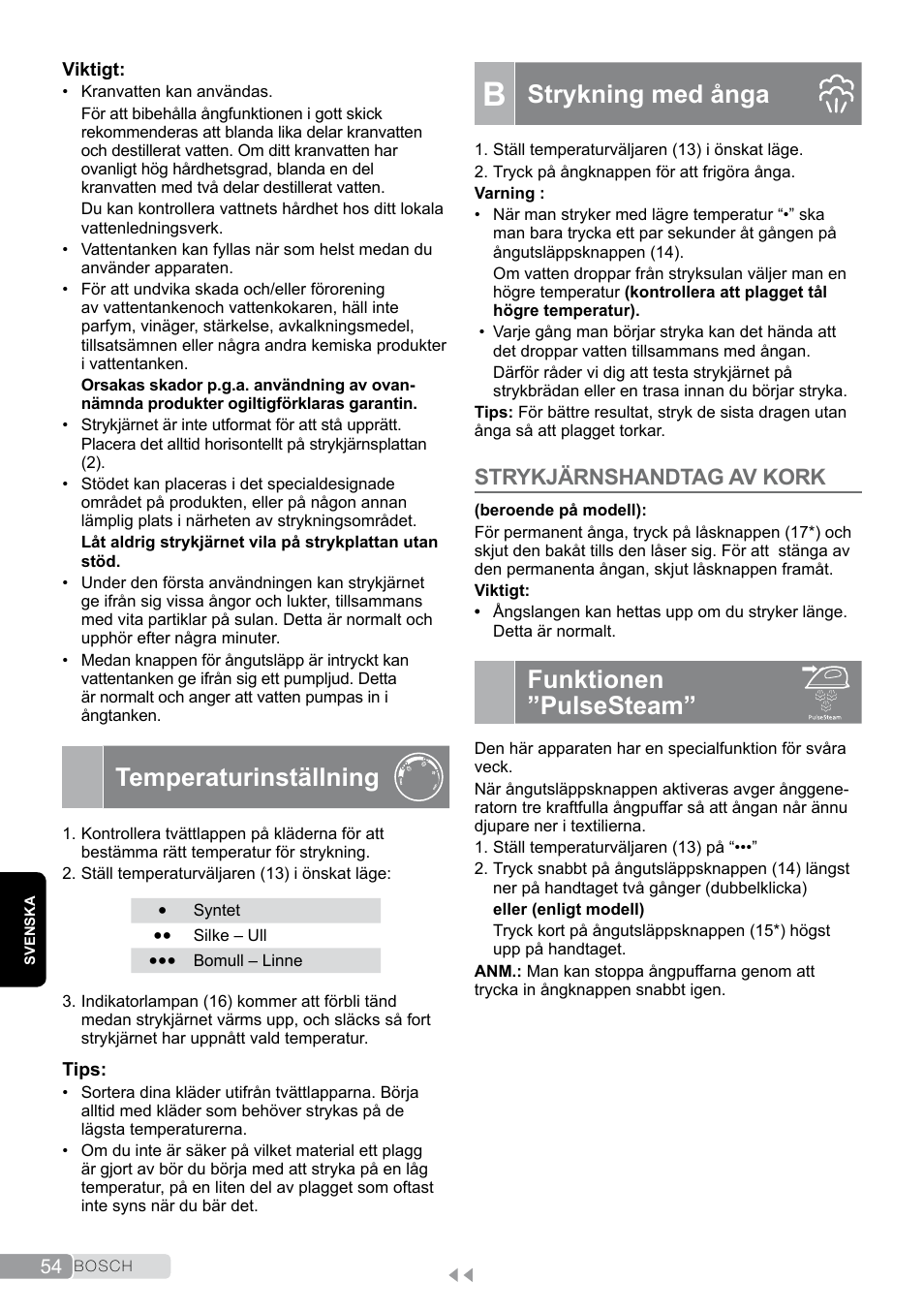 Temperaturinställning, B strykning med ånga, Funktionen ”pulsesteam | Strykning med ånga, Strykjärnshandtag av kork | Bosch TDS2011 User Manual | Page 54 / 136