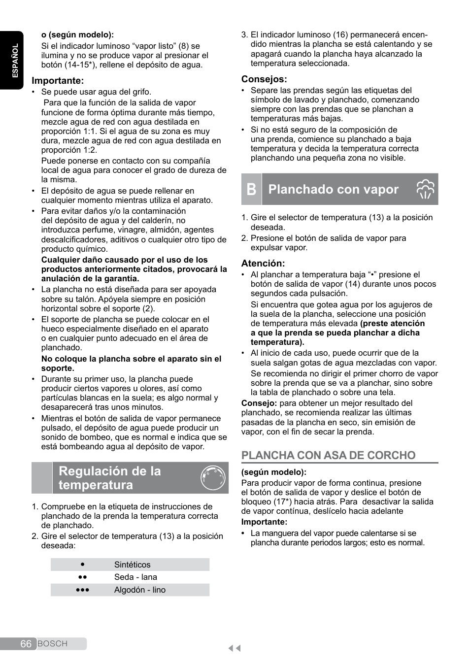 Regulación de la temperatura, B planchado con vapor, Planchado con vapor | Plancha con asa de corcho | Bosch TDS2011 User Manual | Page 66 / 136