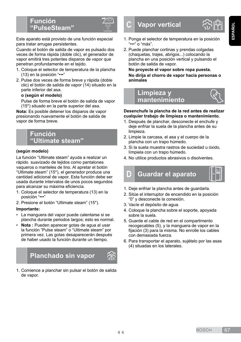 Función “pulsesteam, Función “ultimate steam, Planchado sin vapor | Limpieza y mantenimiento, D guardar el aparato, Vapor vertical, Guardar el aparato | Bosch TDS2011 User Manual | Page 67 / 136