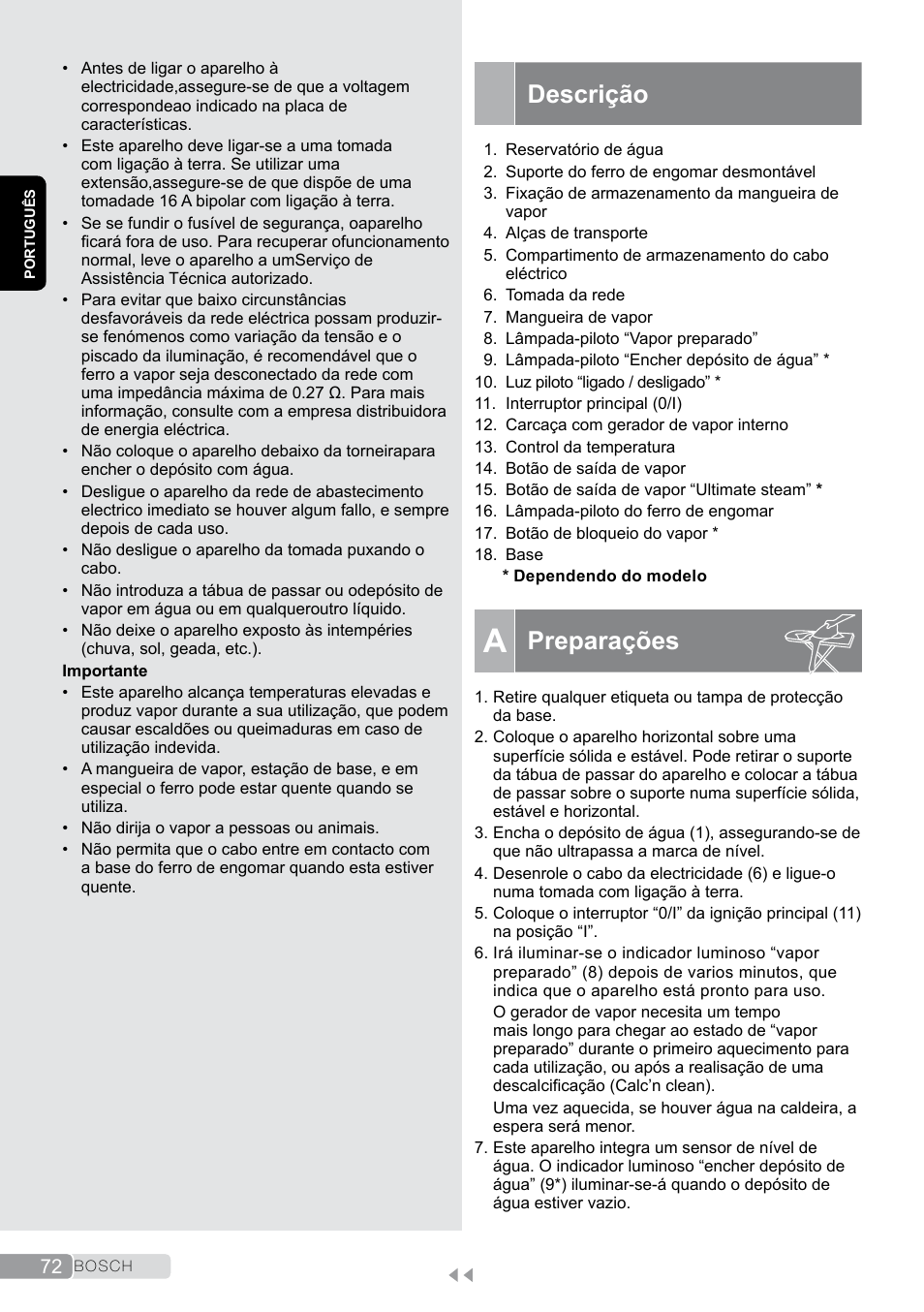 Descrição, Preparações | Bosch TDS2011 User Manual | Page 72 / 136