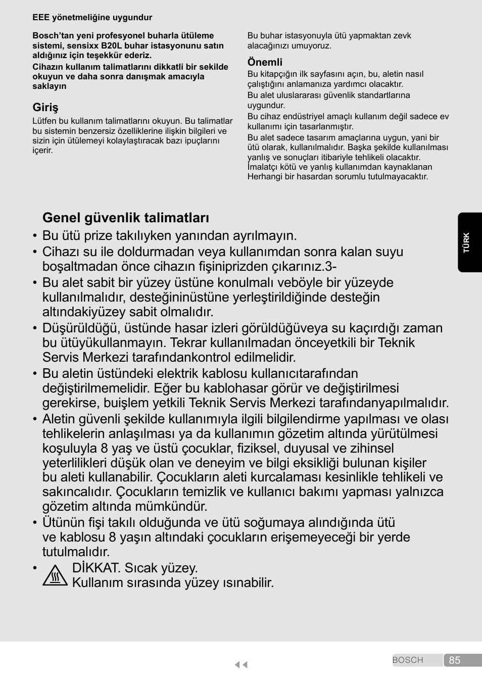 Türk, Genel güvenlik talimatları | Bosch TDS2011 User Manual | Page 85 / 136