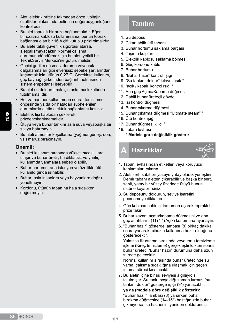 Tanıtım, A hazırlıklar, Hazırlıklar | Bosch TDS2011 User Manual | Page 86 / 136