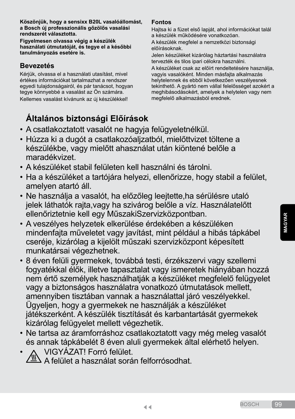 Magyar, Általános biztonsági előírások | Bosch TDS2011 User Manual | Page 99 / 136