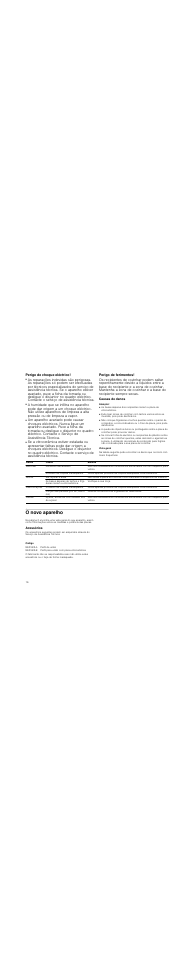 Perigo de choque eléctrico, Perigo de ferimentos, Causas de danos | Atenção, Vista geral, O novo aparelho, Acessórios, Código | Bosch PCX345E - Acier inox Table vitrocéramique électrique User Manual | Page 16 / 23